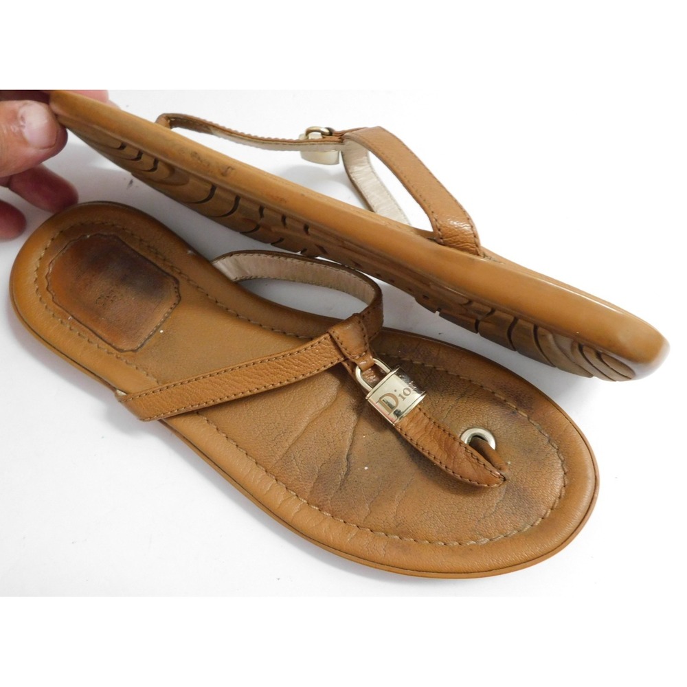 CHRISTIAN DIOR Lock Charm Caramel Brown Leather Thongs/Flip Flop Sandals 36.5 - Picture 2 of 4